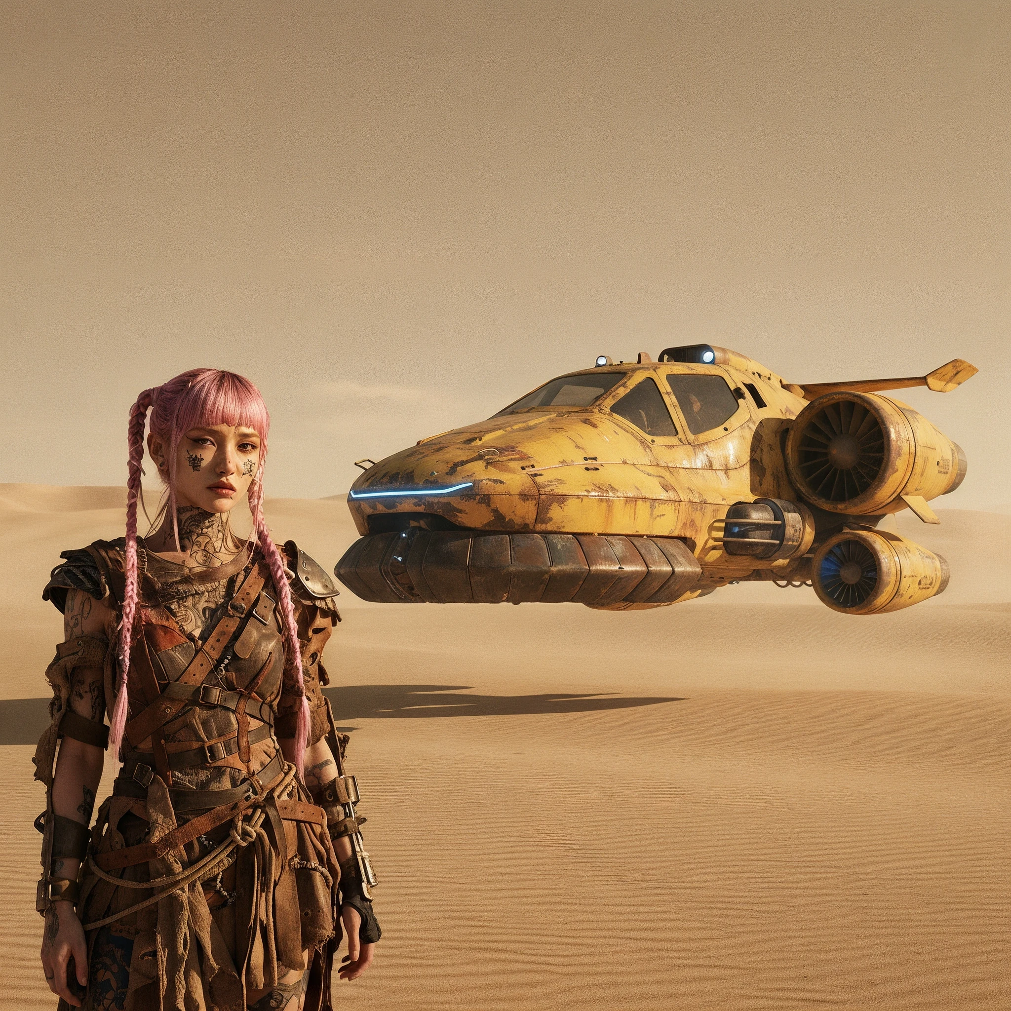 Mad Max world: character with hovering ship in desert