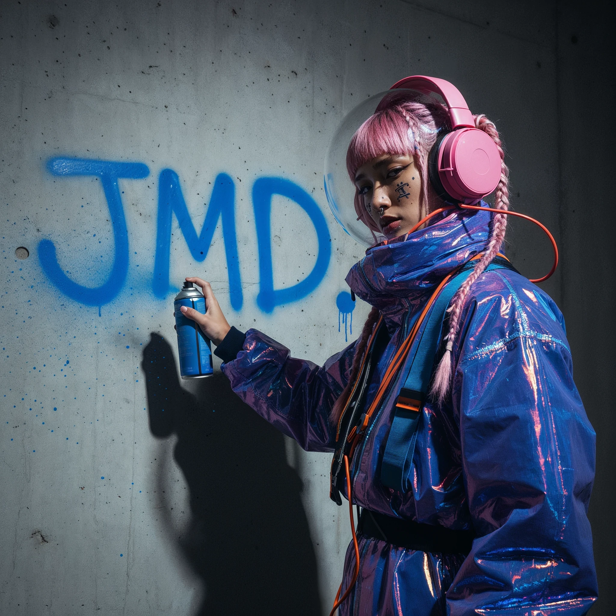 Character spray-painting JMD on concrete wall: front