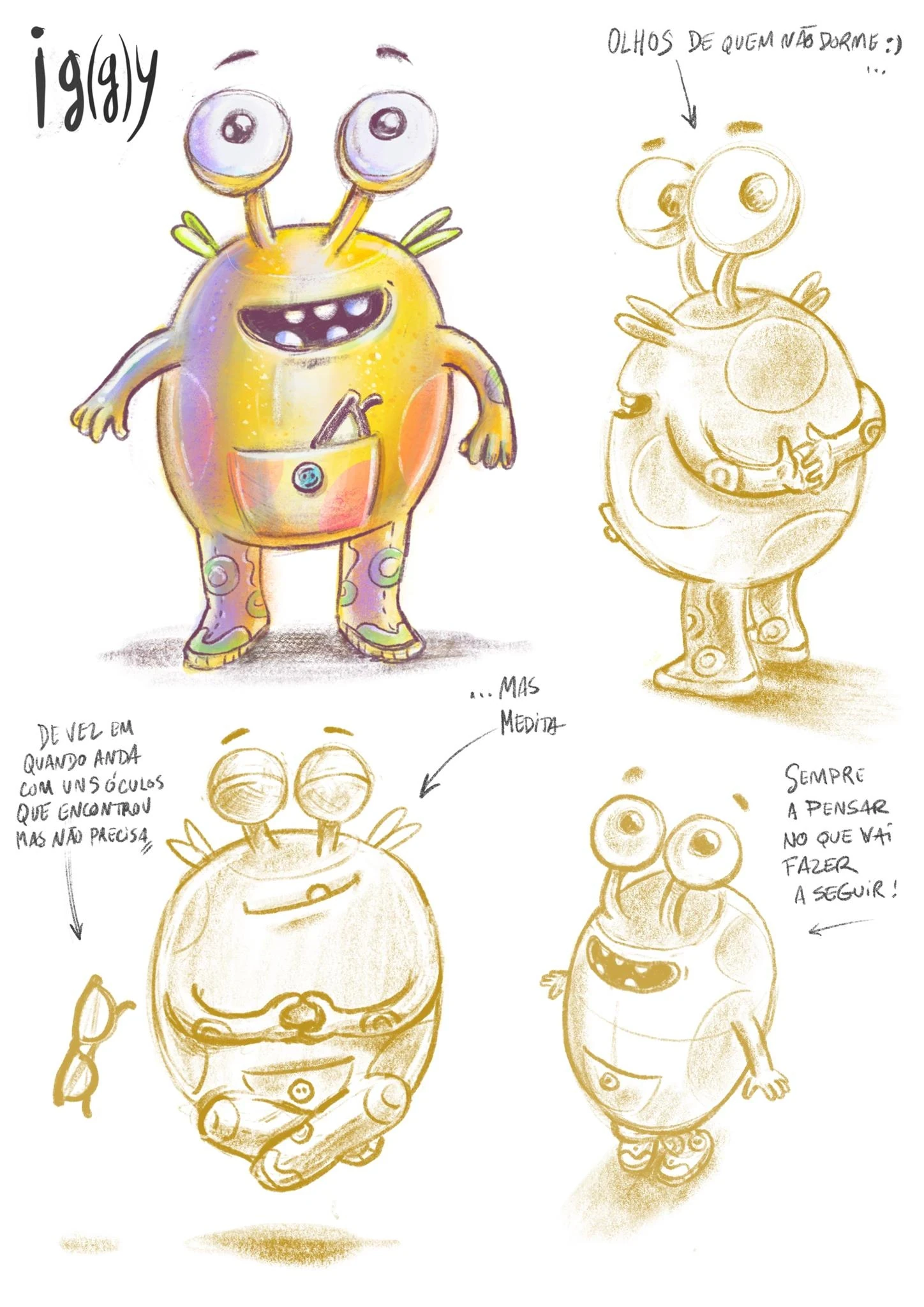 Iggy character concept sketch: bug-eyed yellow creature