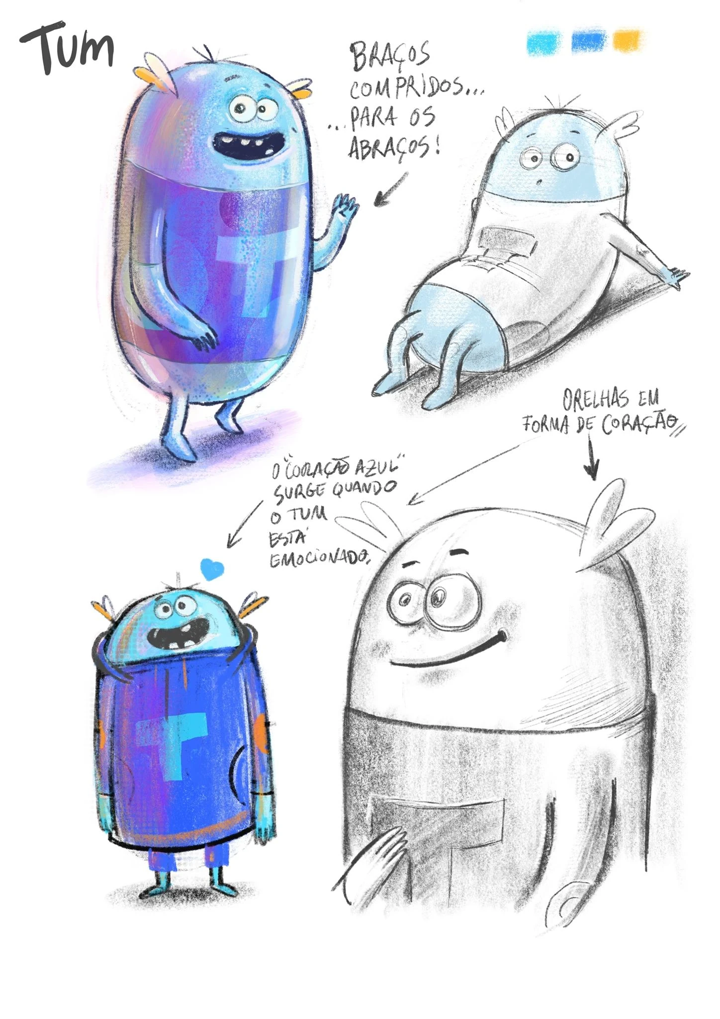 Tum character concept sketch: blue creature with heart-shaped ears