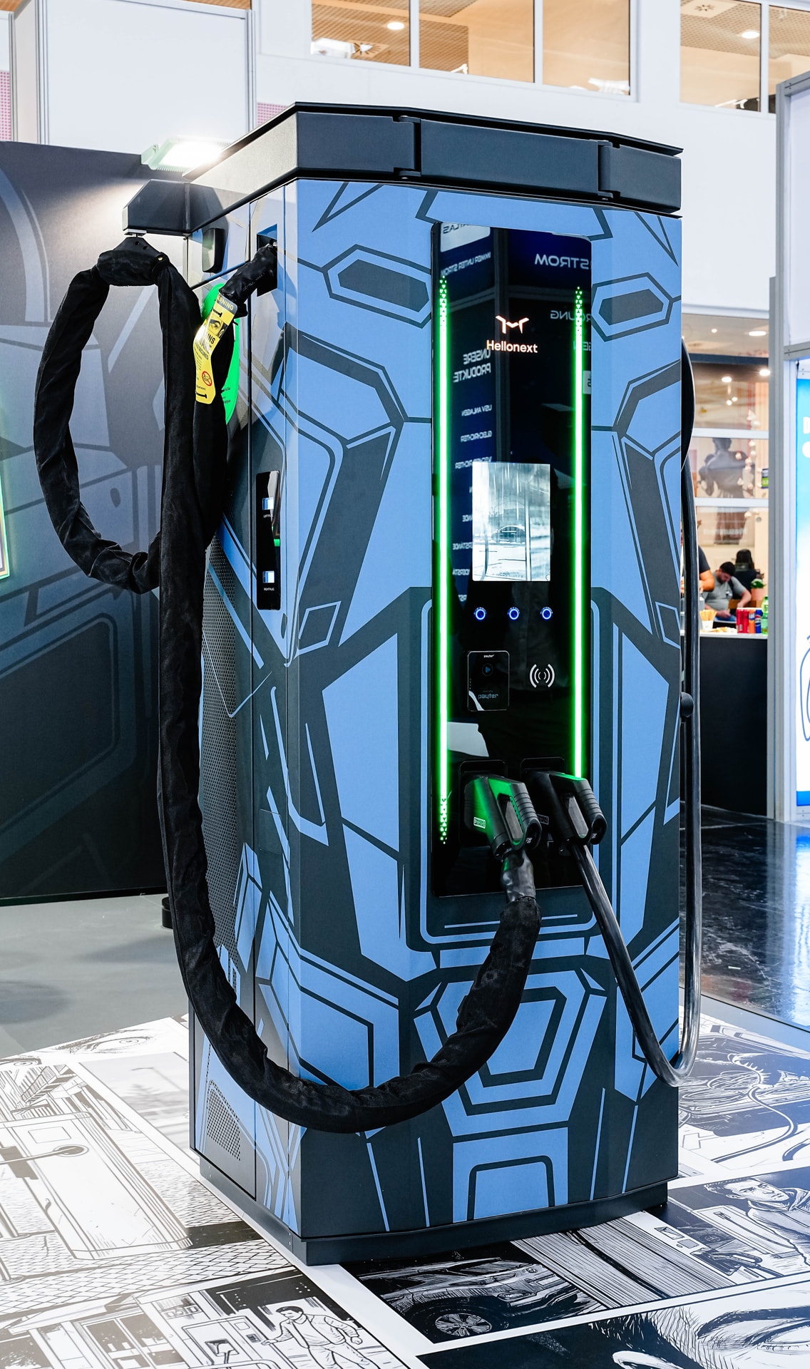 GUARDiON EV charger: full product view with armored cabinet and LED indicators