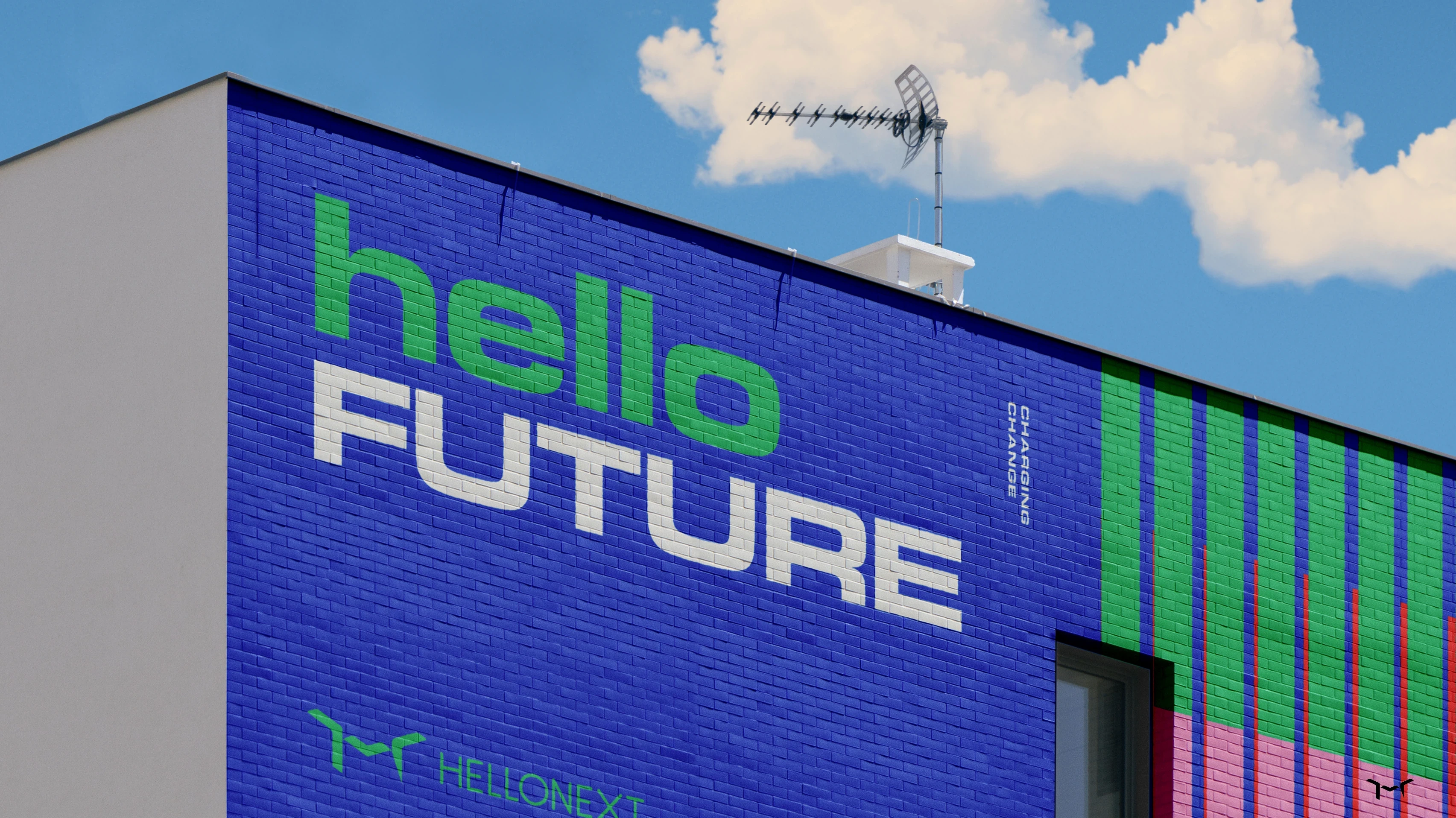 Hellonext building mural: hello FUTURE painted on facade