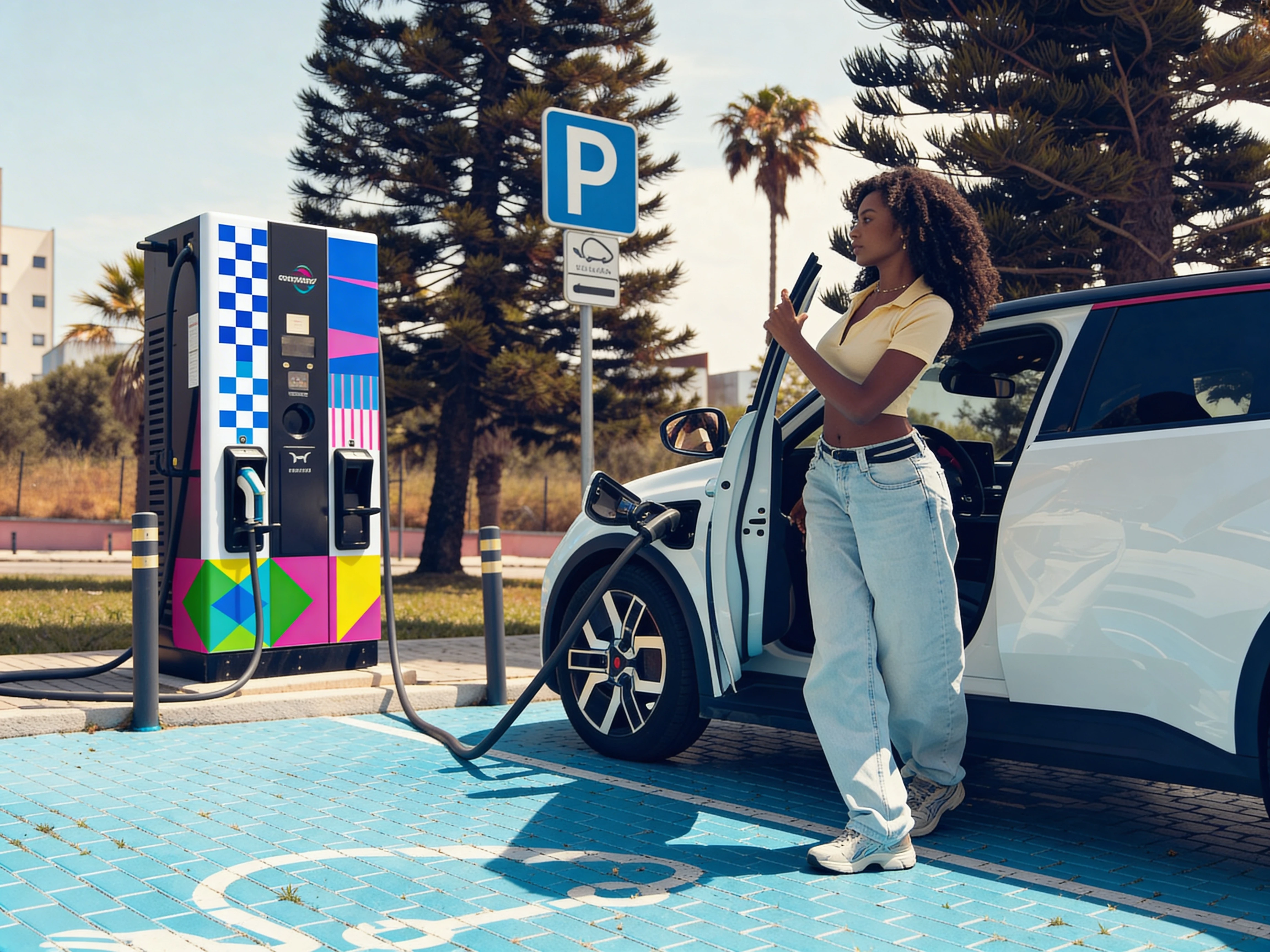 Woman charging EV at Hellonext station with colorful geometric charger skin
