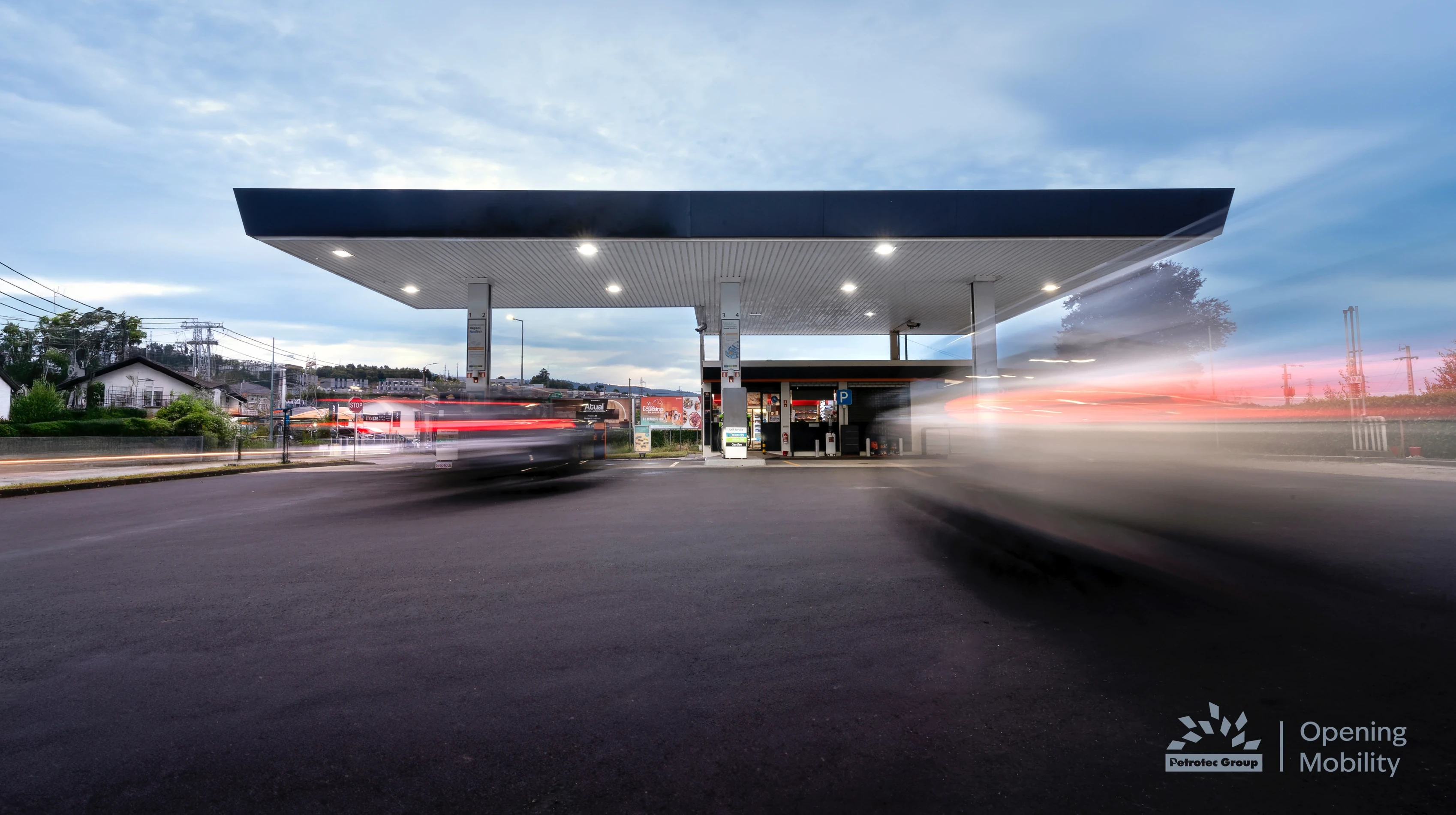 Petrotec fuel station at dusk: long exposure with motion blur