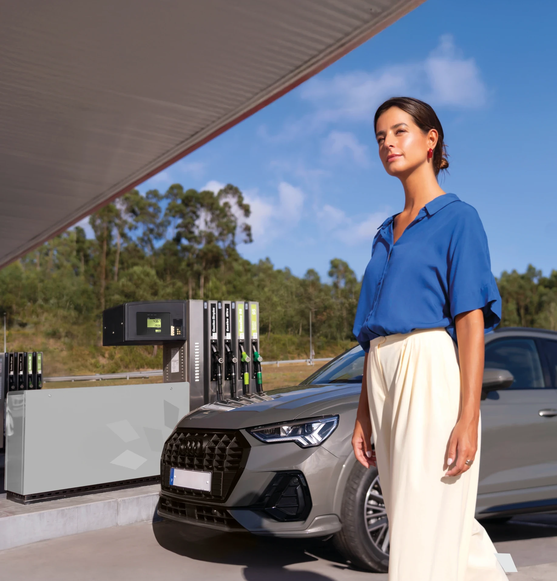 Product photography: model at fuel station with Petrotec dispensers and real hardware