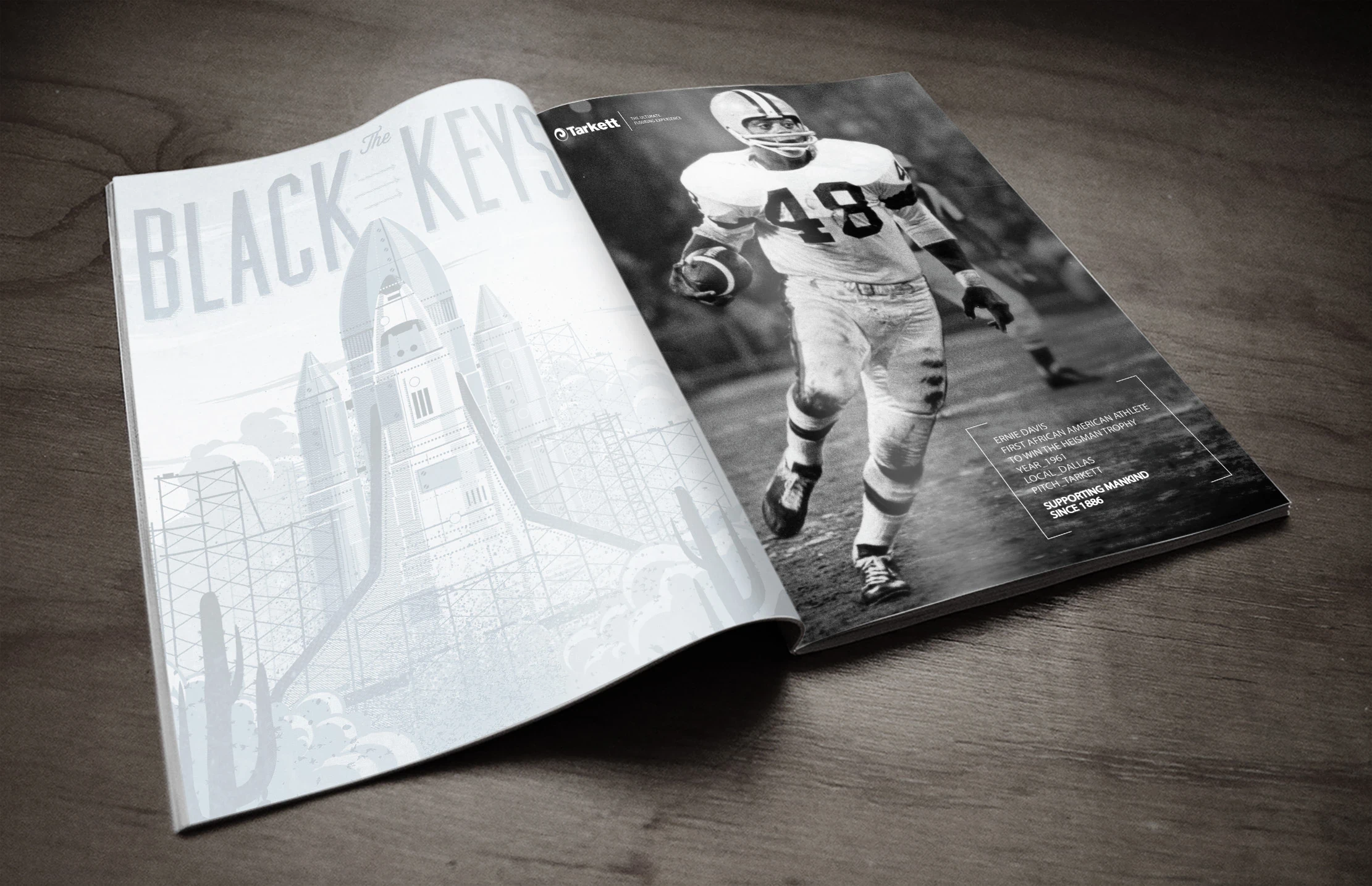 Tarkett magazine ad spread: Ernie Davis campaign in editorial context